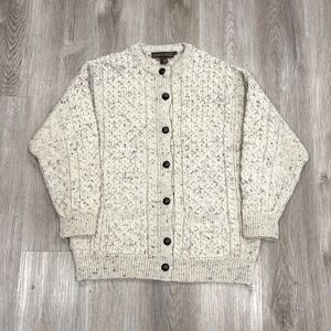 Vtg 90s Inis Crafts Wool Cable Knit Cardigan Sweater Cream Oatmeal Women's Sz L